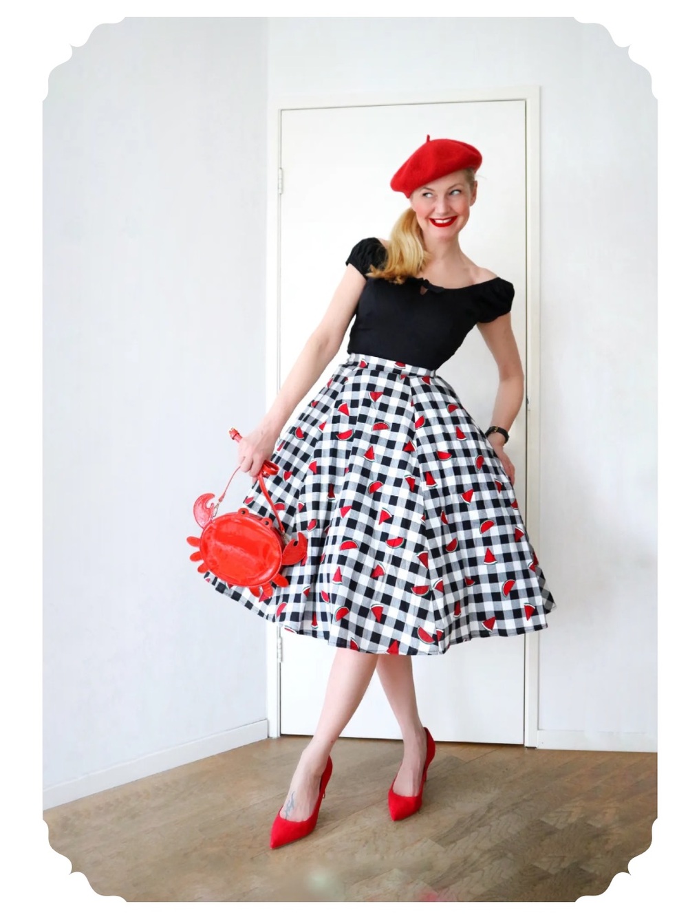 Collectif watermelon print gingham retro skirt - Picture 8 of 9